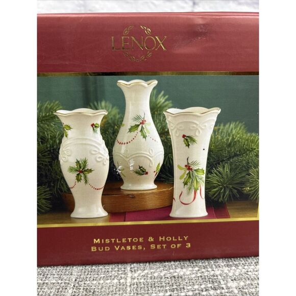Lenox Mistletoe and Holly Bud Vases Set of 3 New in Open Box Christmas Holiday - Picture 2 of 4